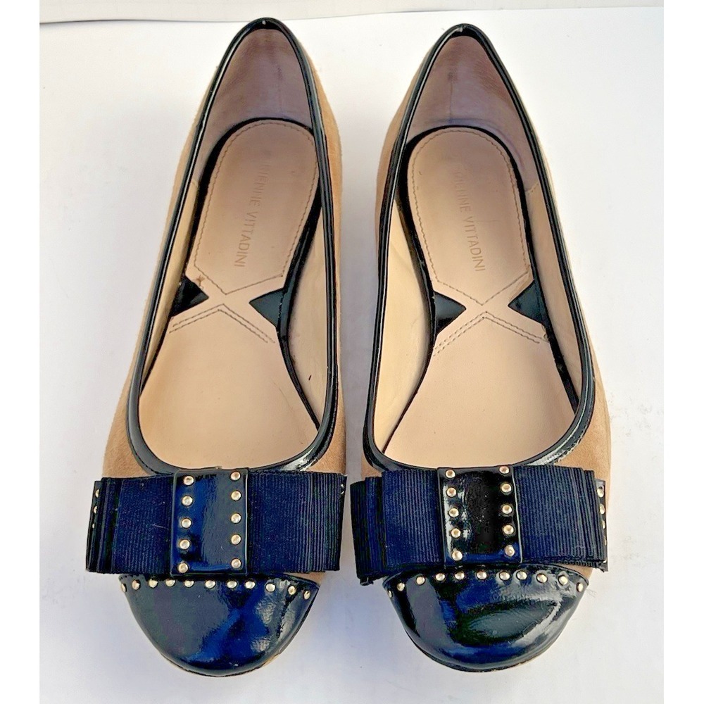 Adrienne Vittadini Tan Suede Black Patent Bow Ballet Flats Womens Size 7.5